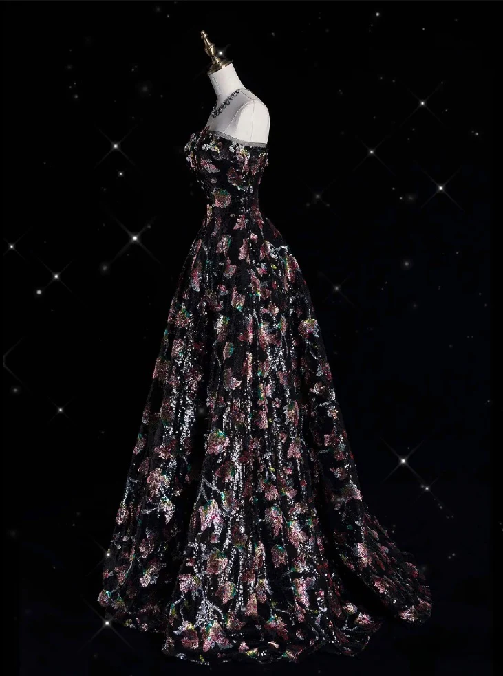 Fashion Ball Gown Strapless Black Floral Floor Length Evening Dress Prom Dresses cg26240