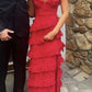 A line Red Lace Long Prom Dresses     cg24898