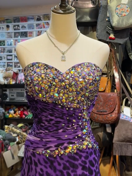 Sweetheart Beading Leopard Print Prom Dress Purple Chiffon Evening Dress cg26355
