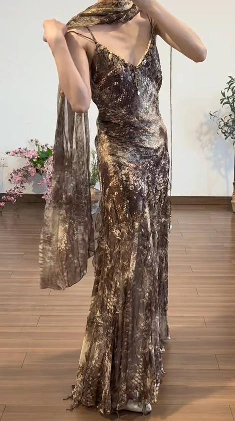 Brown Chiffon Prom Party Dress Vintage Evening Gowns cg26365