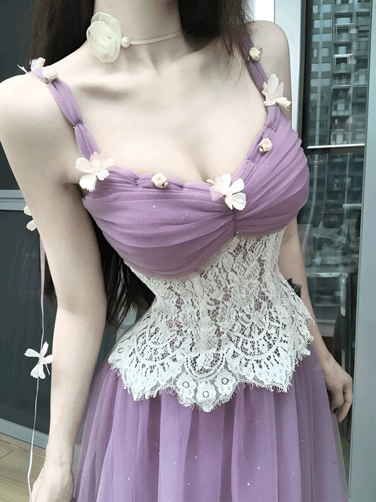 Purple floral halter dress, fitted waist long skirt  G018