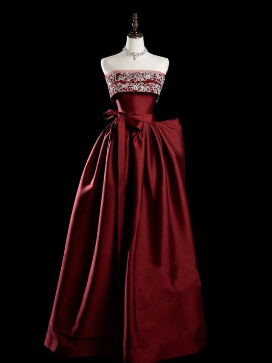 Wine Red Satin Long Formal Dress, Strapless Wine Red A-line Prom Dress cg26176