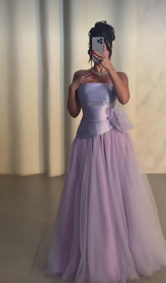 Elegant A Line Strapless Lilac Satin Tulle Long Prom Dress, Evening Dress cg26178