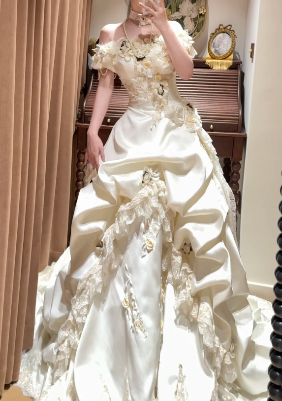 Off The Shoulder Satin Prom Party Dress With Flowers Evening Dress Birthday Dress cg26253