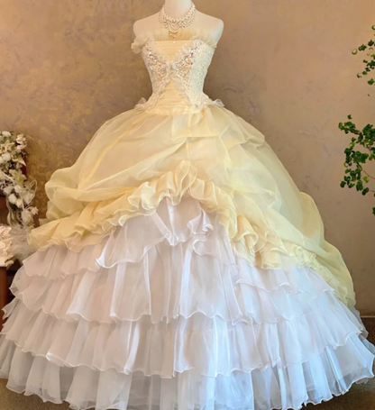 Yellow Ball Gown Prom Party Dress Lace Sweet 16 Birthday Dress cg26302
