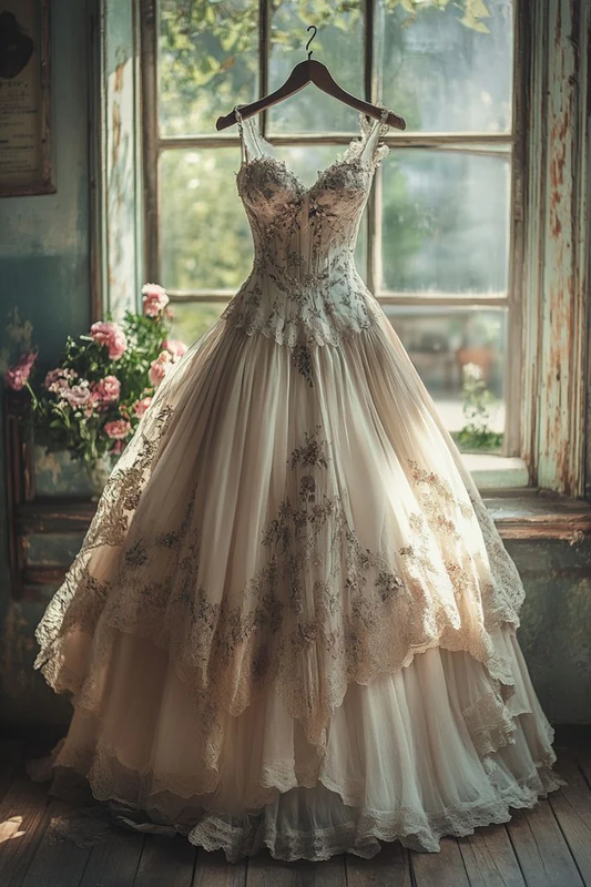 Vintage A-line Sweetheart Neck Tulle Lace Long Prom Dress Applique Sweet Flower Wedding Dress  cg26213