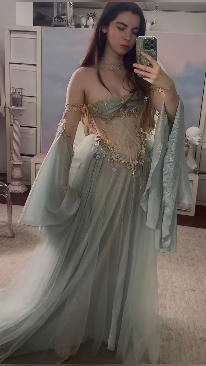 Elegant A Line Off The Shoulder Floor-length Tulle Long Sleeves Evening Dress Prom Dresses  cg26217