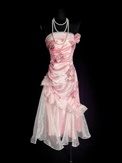 Unique Sheath Strapless Pink Tea Length Formal 7th Grade Homecoming Dresses Middle School Mid Length Prom Dress Hoco Outfits cg26230