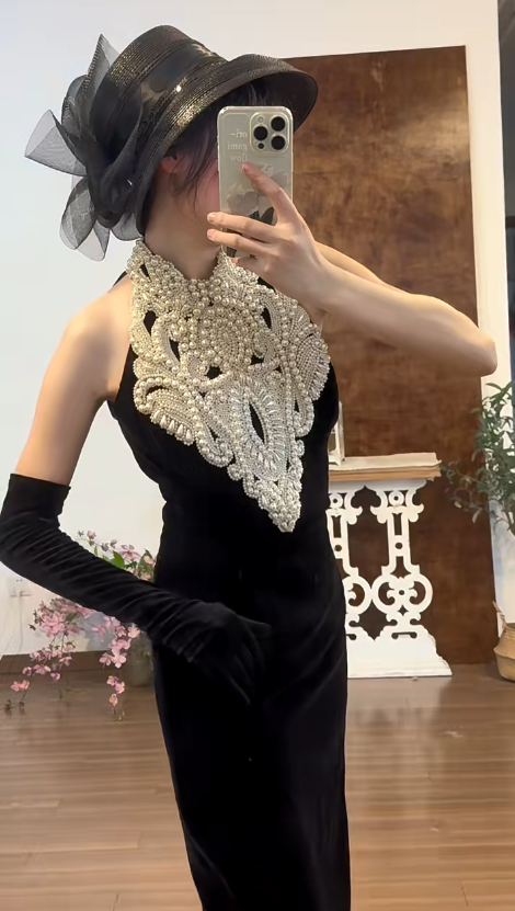 Pearls Black Mermaid Prom Party Dress Vintage Evening Gowns cg26367