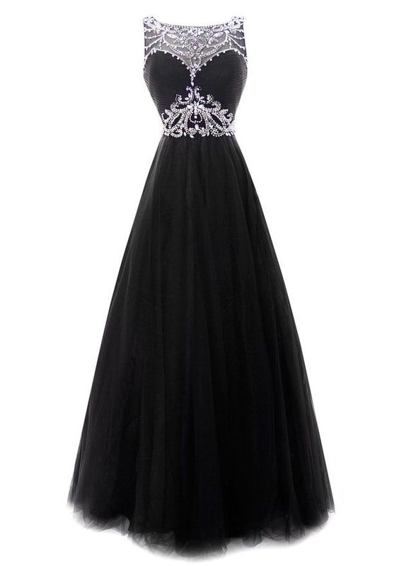 Black Tulle Prom Dresses Scoop Neck Crystals Women Party Dresses  cg8905