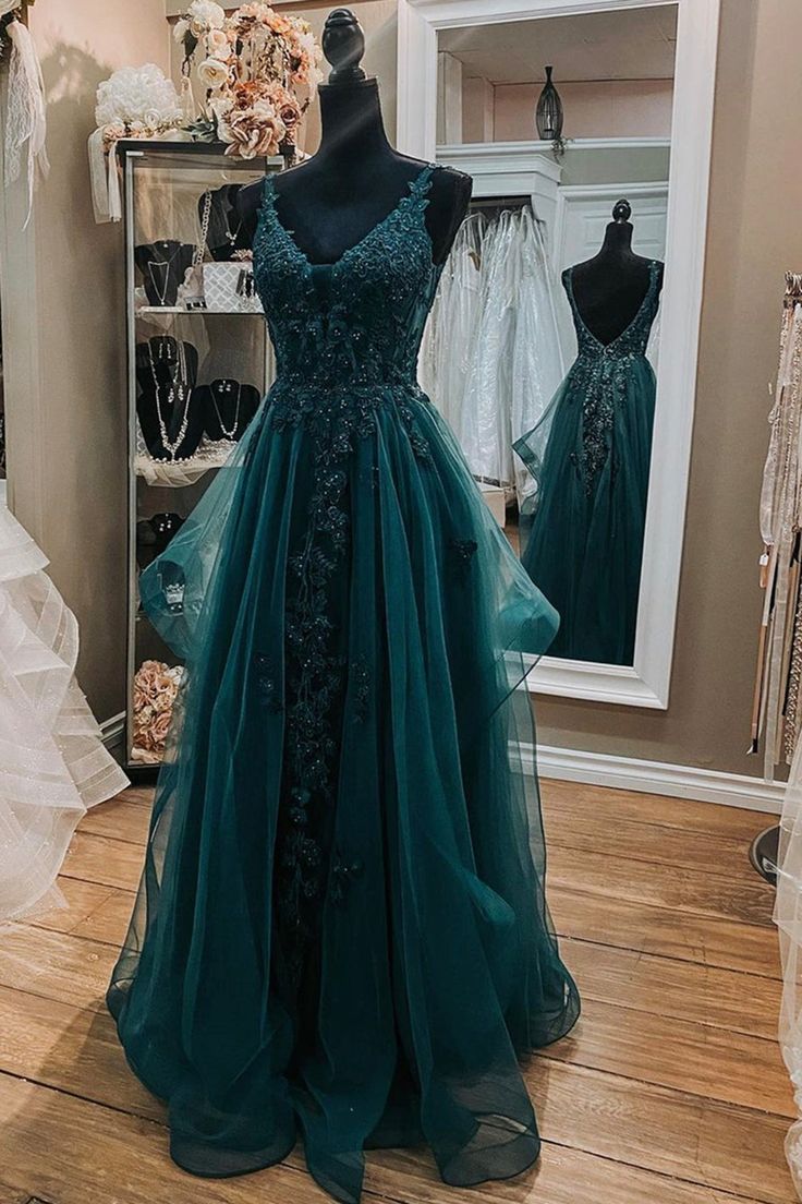 V Neck Open Back Dark Green Lace Beaded Long Prom Dresses, Dark Green Lace Formal Dresses, Dark Green Evening Dresses     cg22274