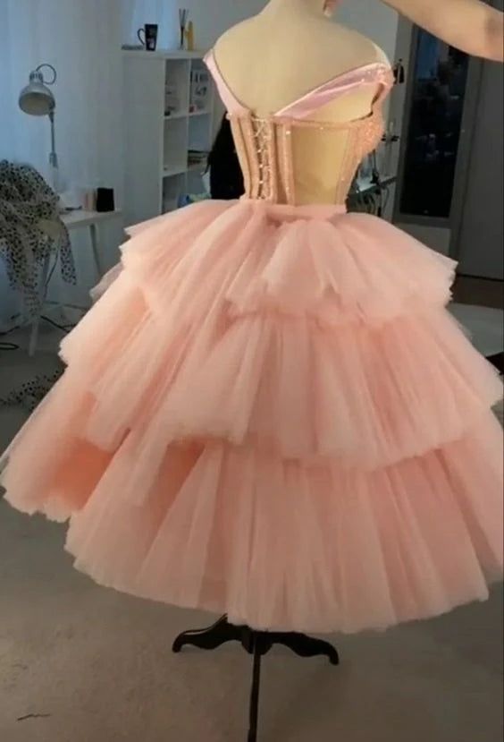 Off the Shoulder Tiered Pink Homecoming Dress    cg22159