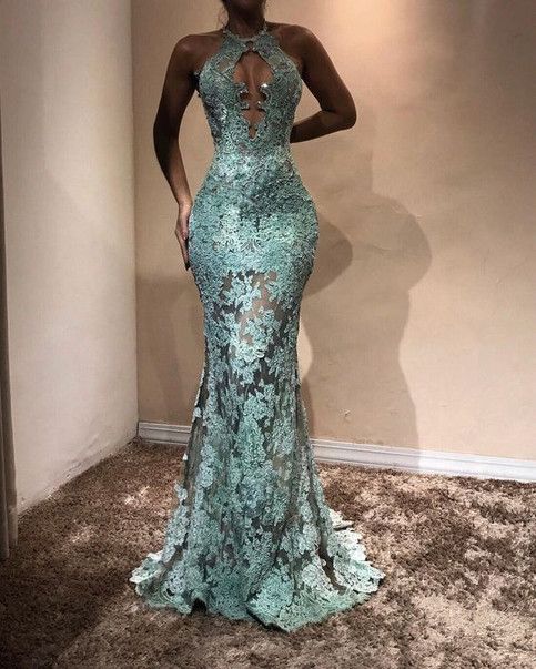 Halter Lace See Through Prom Dresses Mermaid Sleeveless Evening Gown    cg18502