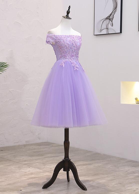 Light Purple Lace And Tulle Off The Shoulder Homecoming Dress, Short Party Dress  cg9056