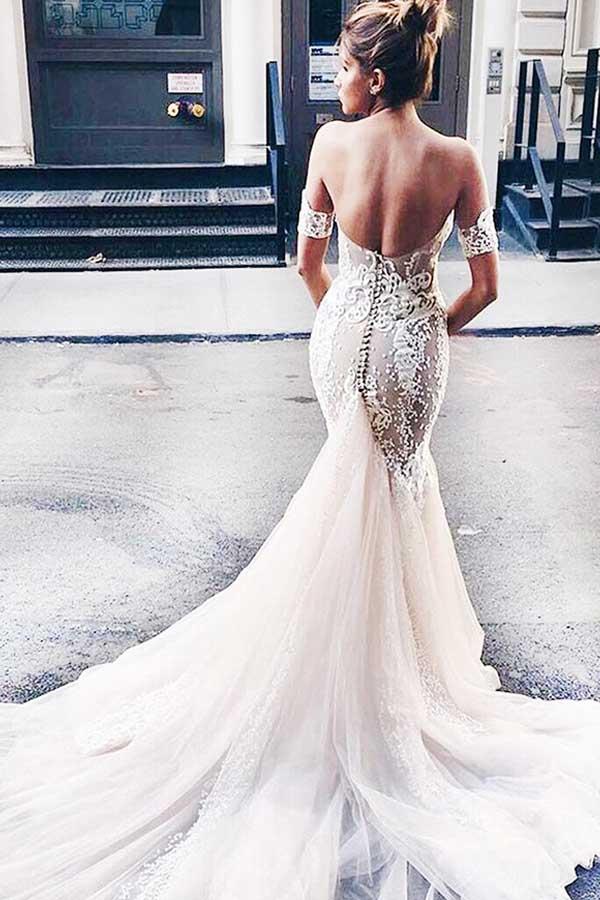 Charming Mermaid Sweetheart Backless Tulle Wedding Dresses with Lace Appliques prom dress         cg23184