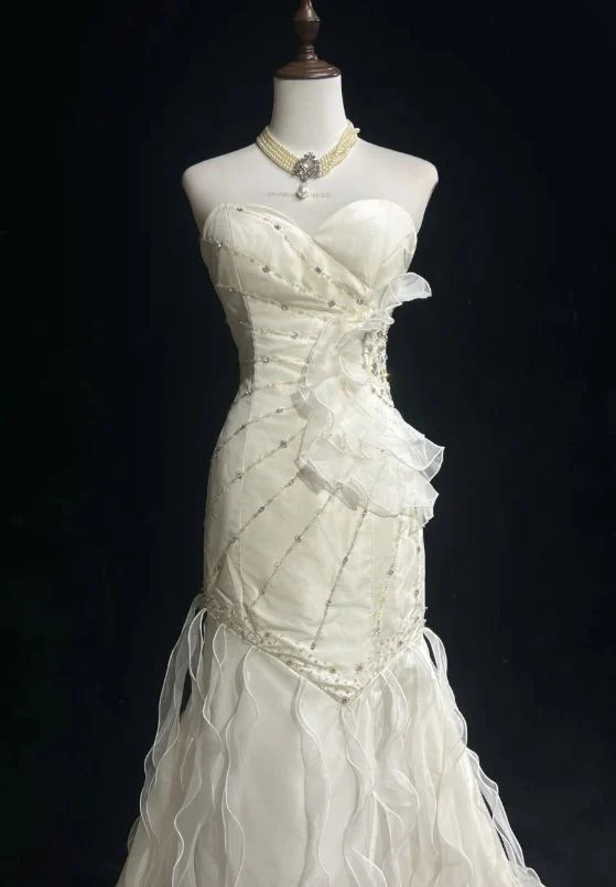 Mermaid Satin Chiffon Ruffle Beaded Long Prom Dress,Wedding Dress,Evening Dress  cg26182