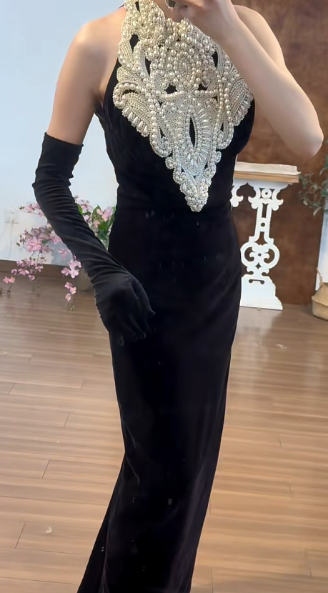 Pearls Black Mermaid Prom Party Dress Vintage Evening Gowns cg26367