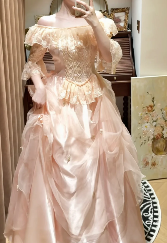 Off The Shoulder Pink Satin Prom Party Dress Vintage Birthday Dress cg26317