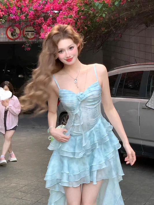 Blue ruffled camisole summer irregular shape G075