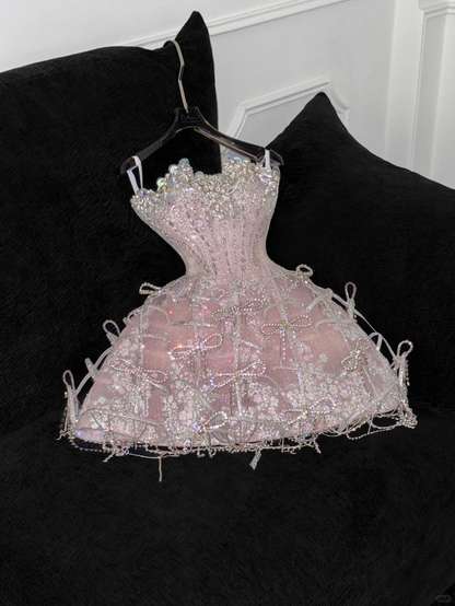 Pink Bow A Line Strapless Silver Sequin Beaded Tulle Homecoming Dress Party Dress cg26109