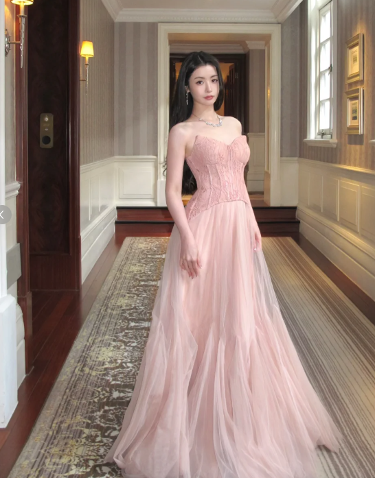 Sleeveless Pink Tulle Prom Party Dress Classy Evening Dress cg26372