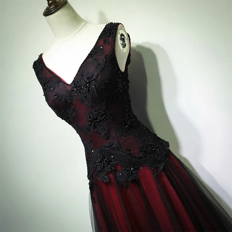 Gorgeous Black And Red V-Neckline Tulle Beaded Prom Dress, Long Evening Gown   cg11267