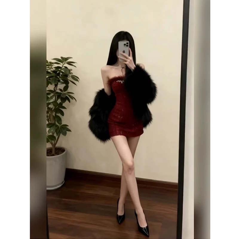 Red rhinestone-embellished strapless dress with sexy bodycon mini skirt G137