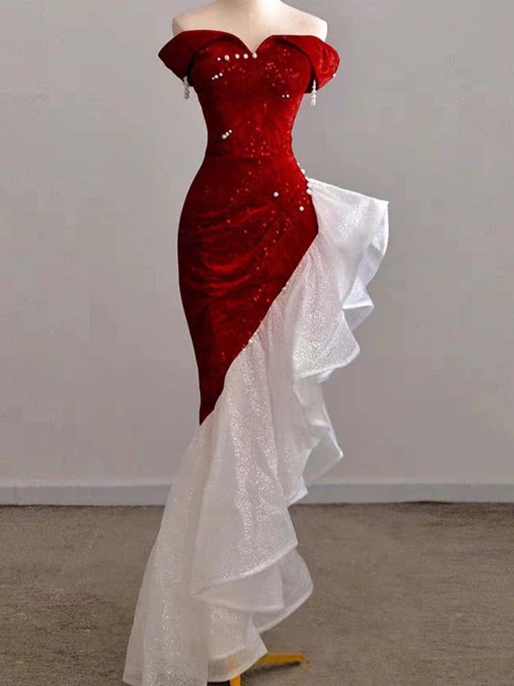 Sheath Off The Shoulder Sequin Red Evening Dress Prom Dresses Birthday Outfits  cg26196