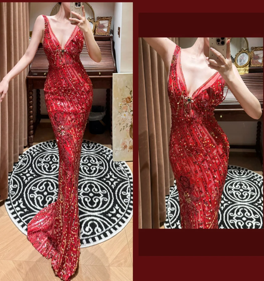 V Neck Red Mermaid Prom Party Dress Sexy Beading Evening Dress cg26315