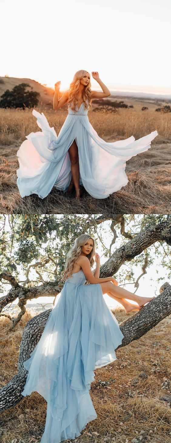 Sexy Deep V neck Chiffon Evening Party Dress, Long Prom Dresses cg26224