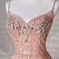 Pink Tulle Sequins Beaded Prom Dress Spaghetti Straps A Line Evening Dress cg26239