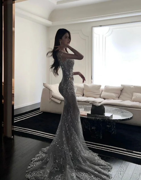 Silver Mermaid Sequins Prom Party Dress Shiny Sexy Birthday Dress cg26374