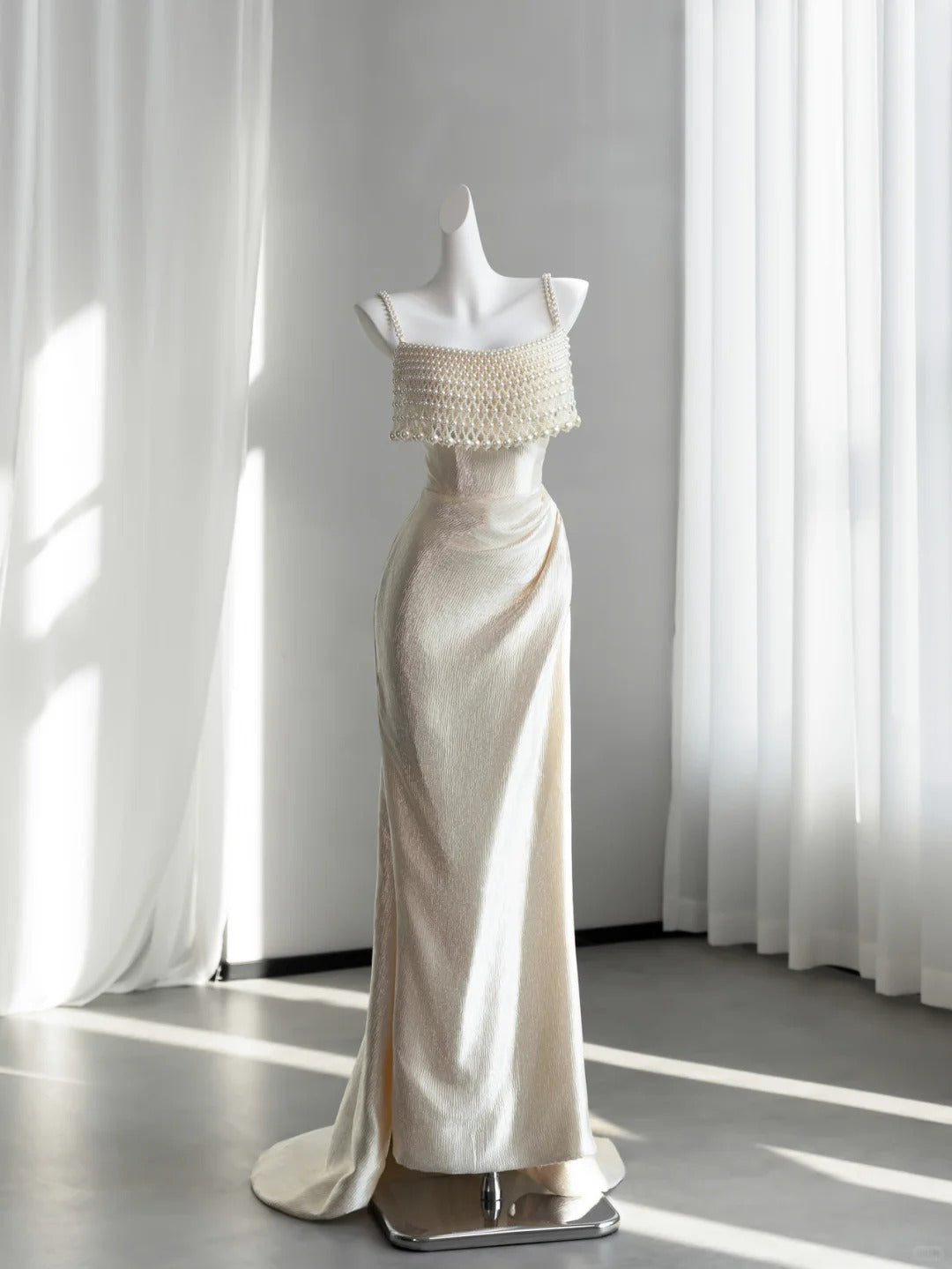Timeless Ivory Satin Prom Dress Spaghetti Straps Pearls Sheath Evening Dress CY0004