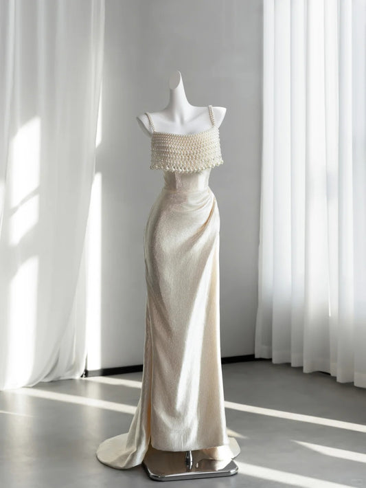 Timeless Ivory Satin Prom Dress Spaghetti Straps Pearls Sheath Evening Dress CY0004