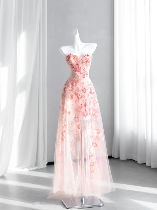 Sweet Pink Appliques Prom Dress Strapless Sequins A-Line Evening Dress CY0007