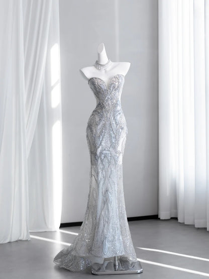 Ethereal Strapless Light Blue Prom Dress Beading Sequins Mermaid Evening Dress CY0008