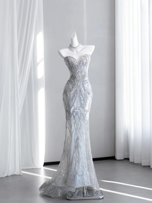 Ethereal Strapless Light Blue Prom Dress Beading Sequins Mermaid Evening Dress CY0008