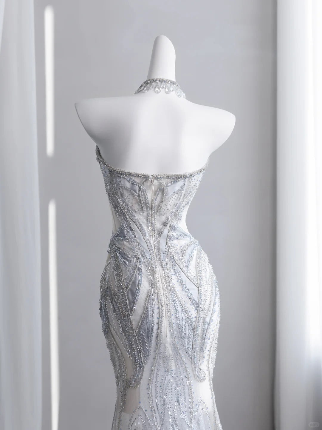 Ethereal Strapless Light Blue Prom Dress Beading Sequins Mermaid Evening Dress CY0008