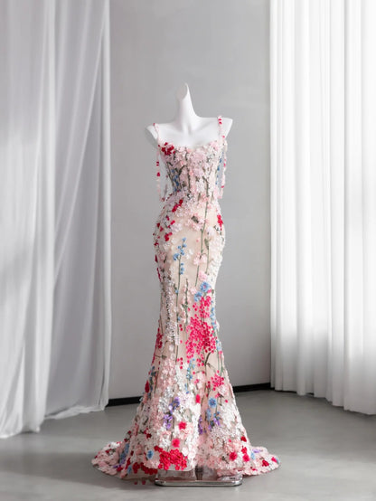 Dopamine Style Floral Pink Prom Dress Appliques Spaghetti Straps Mermaid Evening Dress CY0009
