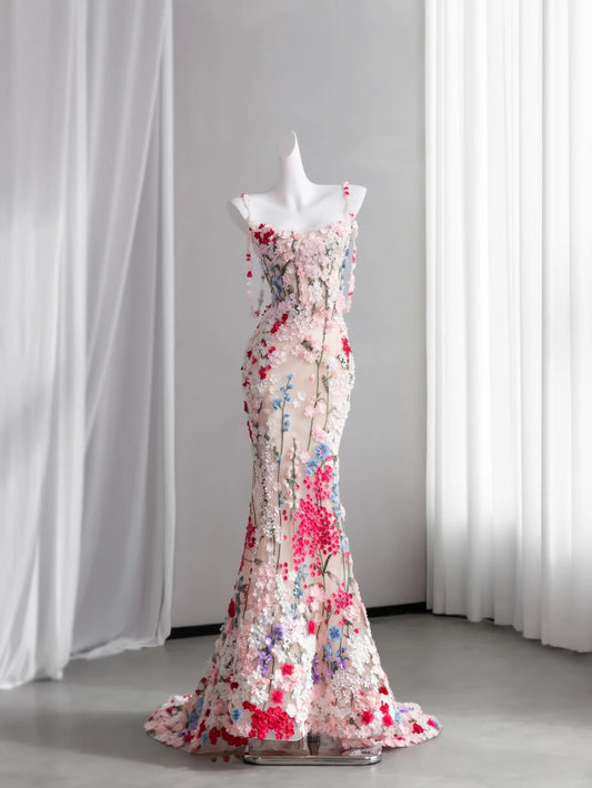 Dopamine Style Floral Pink Prom Dress Appliques Spaghetti Straps Mermaid Evening Dress CY0009