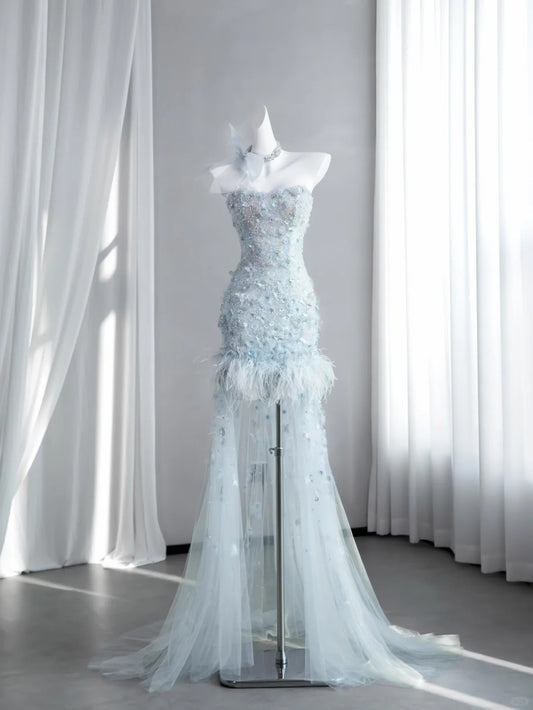 Adorable Light Blue Mini Dress Strapless Sheath Party Dress Beading Feather Homecoming Dress CY0010