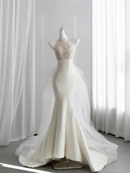 Elegant Halter Neck White Prom Dress 3D Appliques Satin Mermaid Evening Dress CY0011