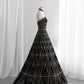 Chic Strapless A-Line Prom Dress Black Plaid Sequins Evening Dress CY0013