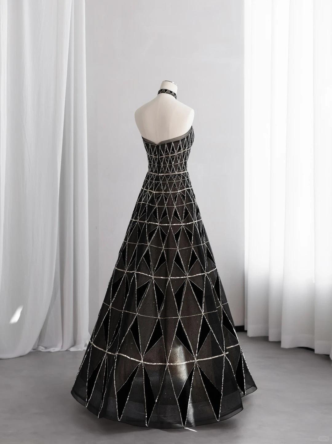 Chic Strapless A-Line Prom Dress Black Plaid Sequins Evening Dress CY0013