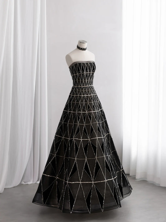 Chic Strapless A-Line Prom Dress Black Plaid Sequins Evening Dress CY0013