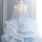 Lavendelfarbenes Tüllkleid mit V-Ausschnitt und Lagen, langes Sweet 16-Kleid, hellviolettes Ballkleid, Partykleid cg19681