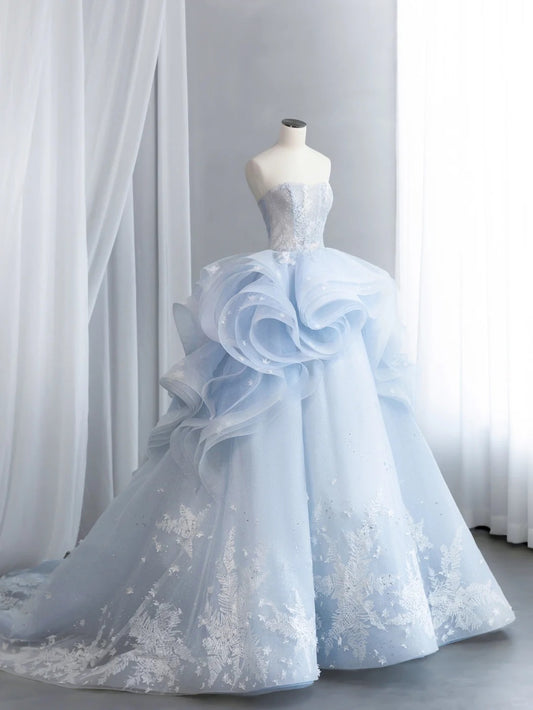 Vogue Strapless Blue Sweet 16 Dress Ruffles Appliques Sequins A-Line Party Dress CY0015