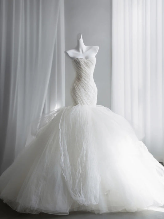 Alluring White Tulle Wedding Dress Strapless Mermaid Bridal Gowns CY0017
