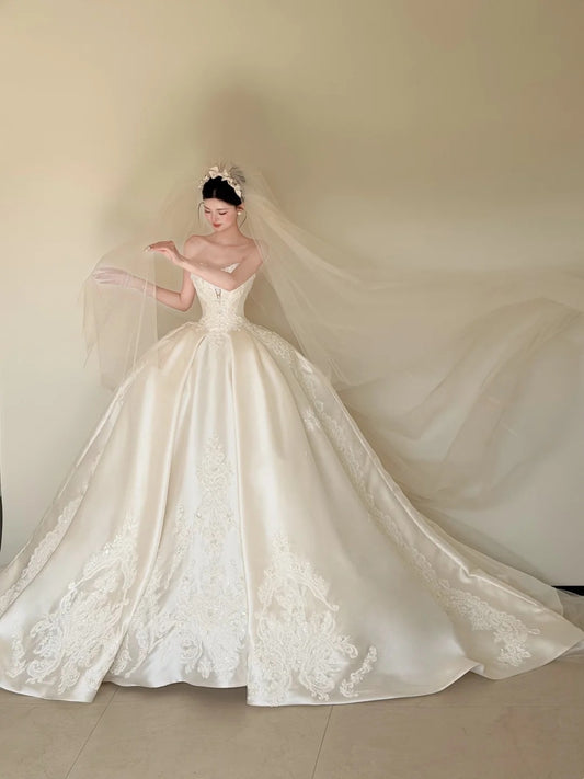 Glam Strapless A-Line Satin Wedding Dress Sequins Appliques Bridal Gowns CY0018