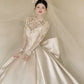Classical A-Line Bows Ivory Wedding Dress Satin Appliques Long Sleeve Bridal Gowns CY0019